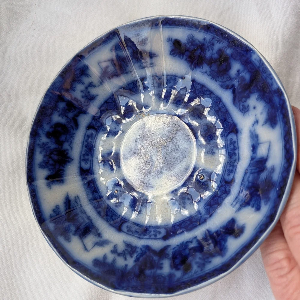 Antique J. Meir & Son England Kirkee Flow Blue Oriental Landscape Cup & Saucer